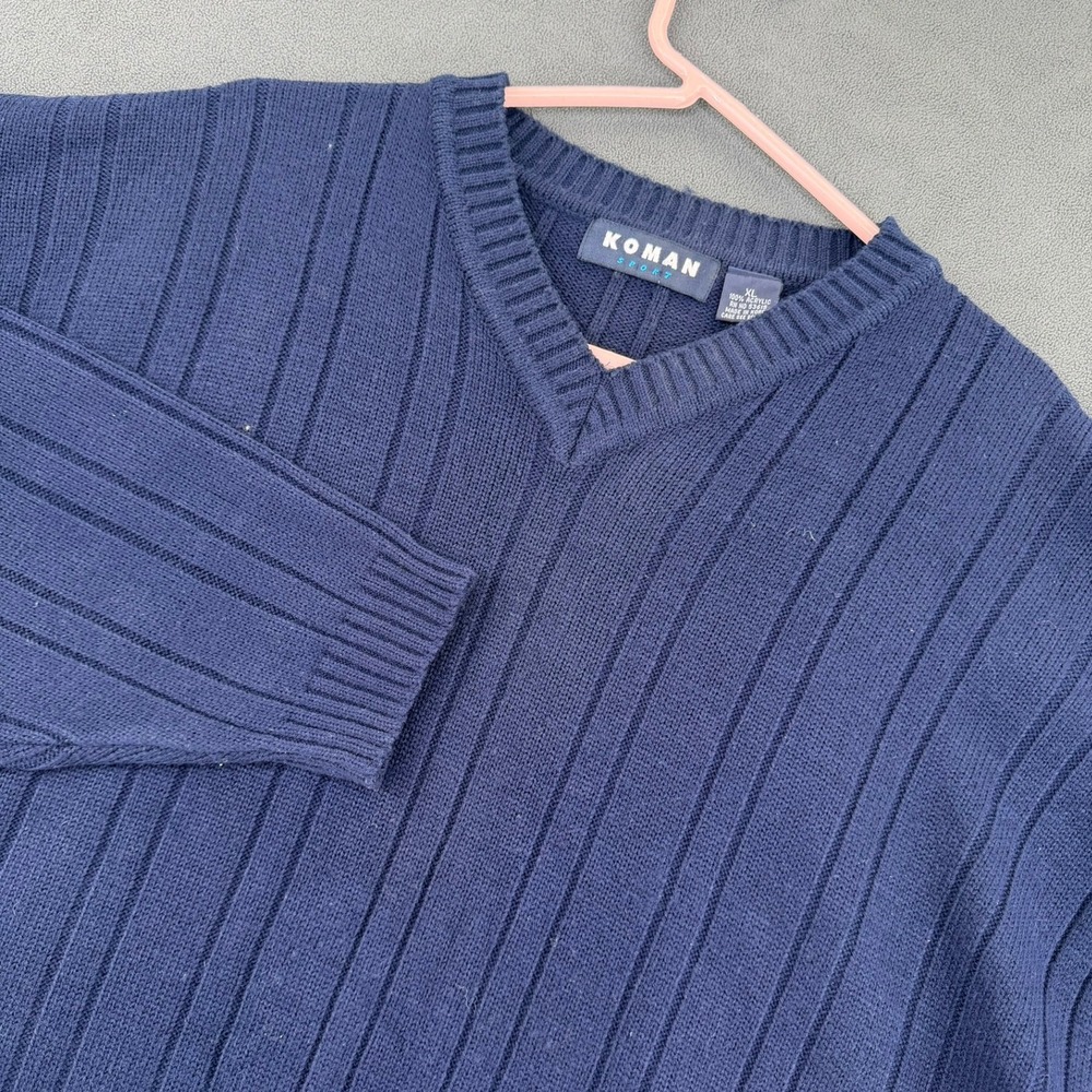 Vintage Koman Sport Mens XL Navy Blue Ribbed V-Neck Knit Sweater Acrylic Korea